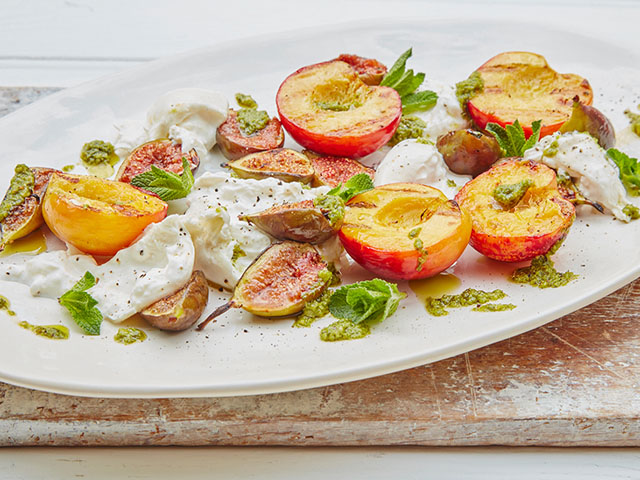 Grilled Figs Or Peaches Burrata And Mint Pesto Chesneys