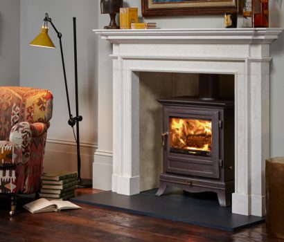 Active woodburning stove in living room